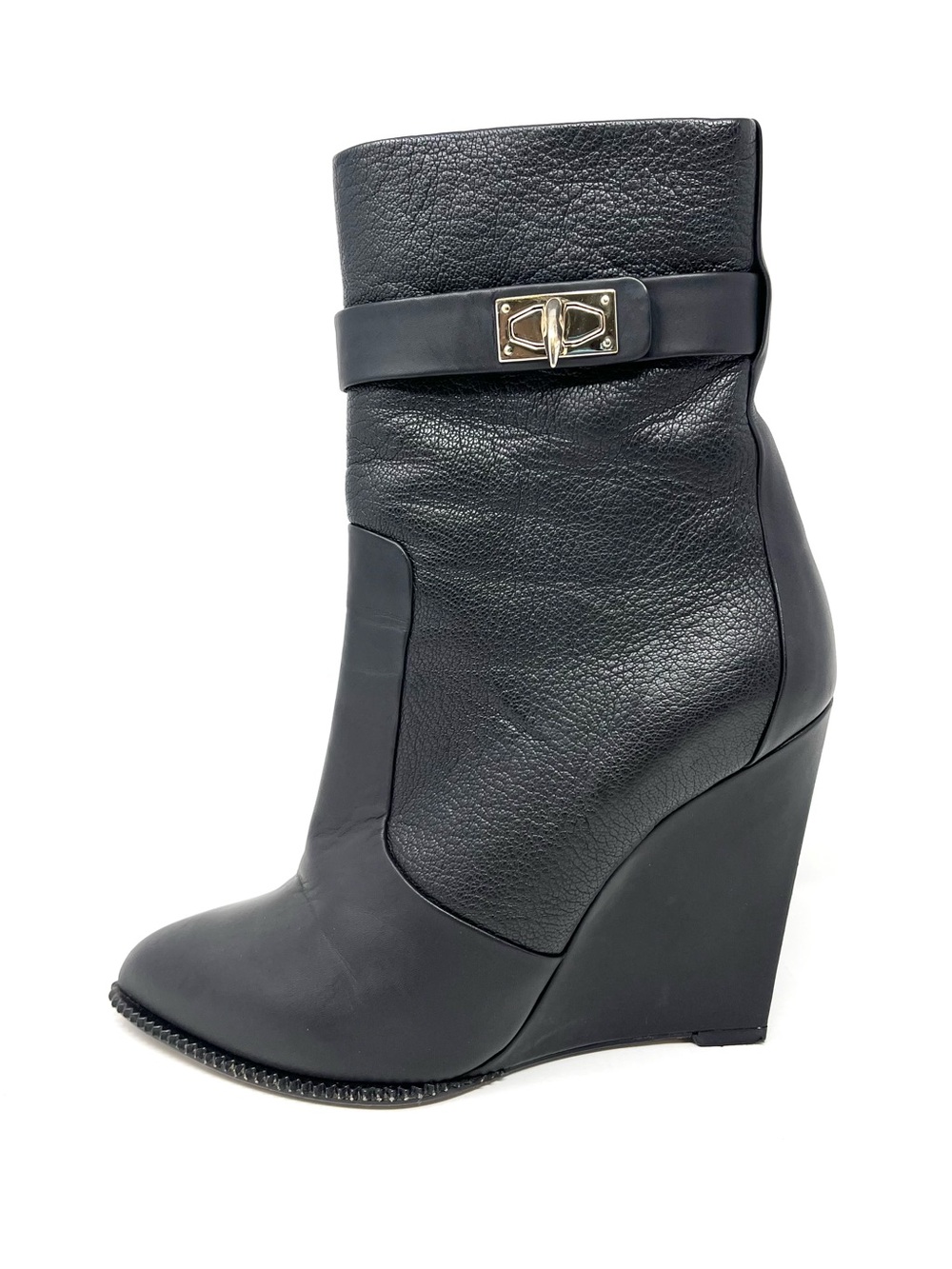 Givenchy Shark Lock Black Leather Short Wedge Ankle Boots Heels Gold Buckle 39 9